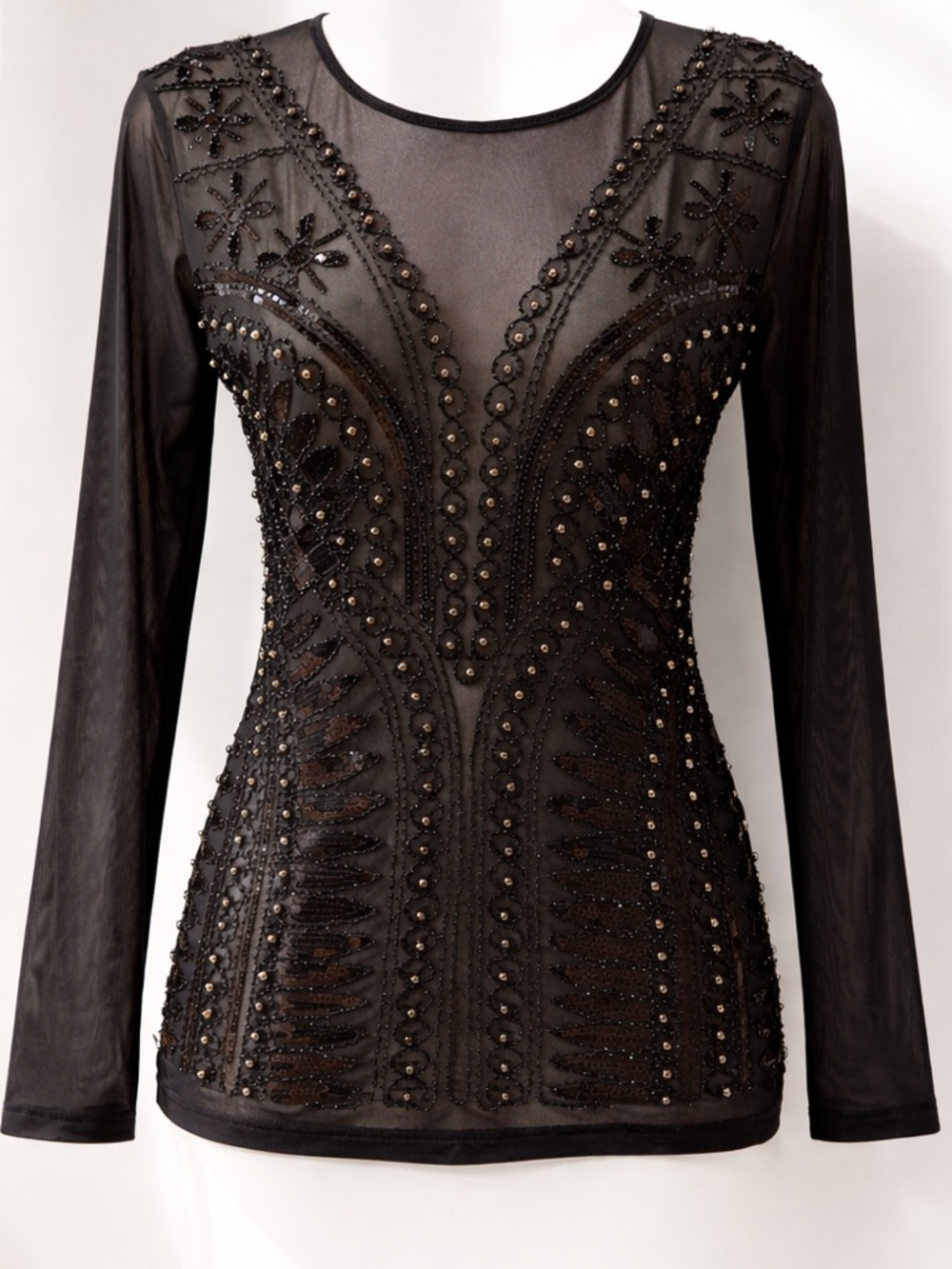 Frank Lyman black gunmetal beaded knit top Size Large